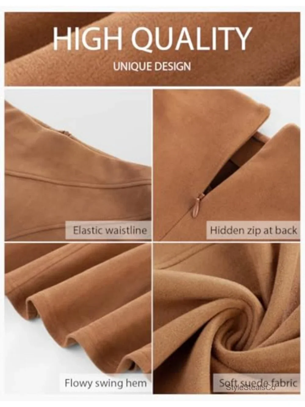Faux Suede High Waist A-Line Midi Skirt with Elastic Waist and Hidden Zip